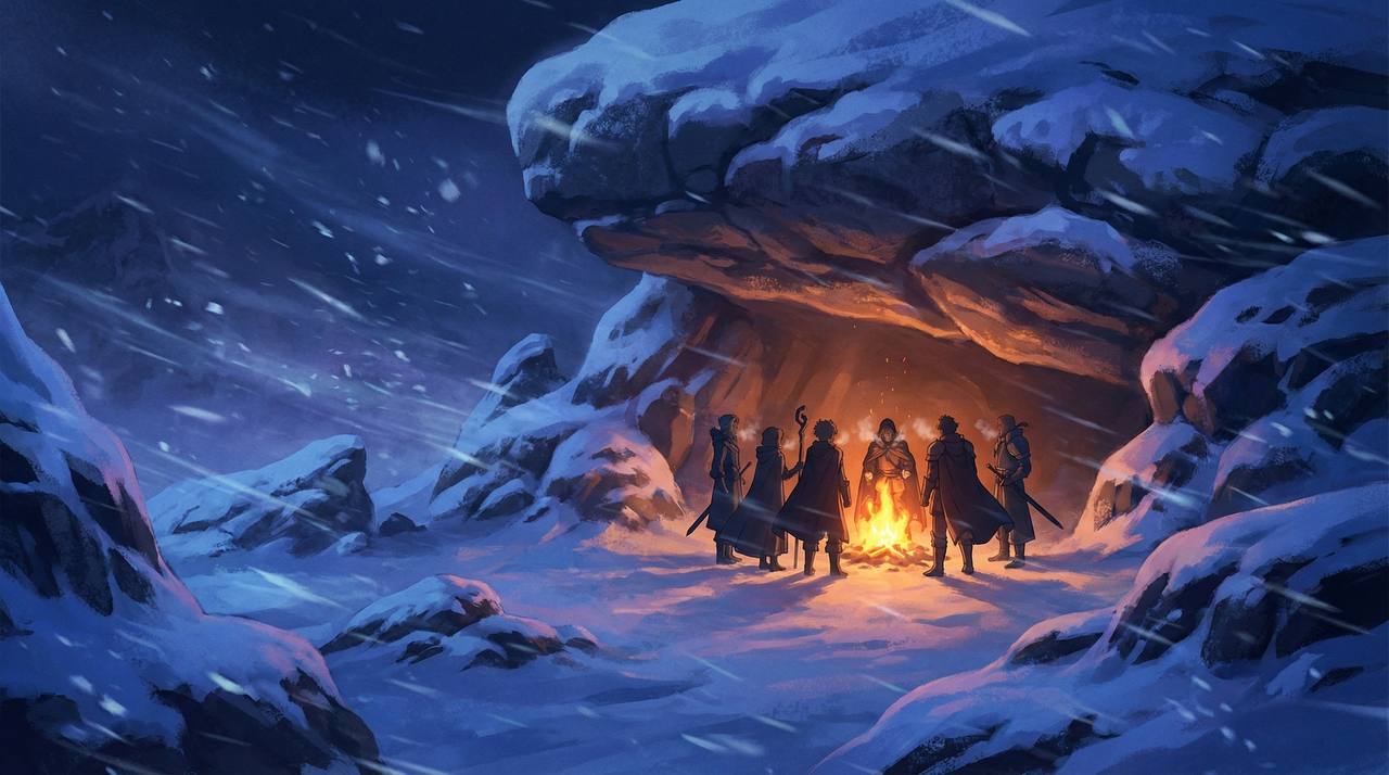 Adventurers huddled around campfire in snowy cave