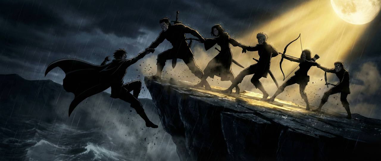 Party reaching out to save falling member on cliff in moonlight