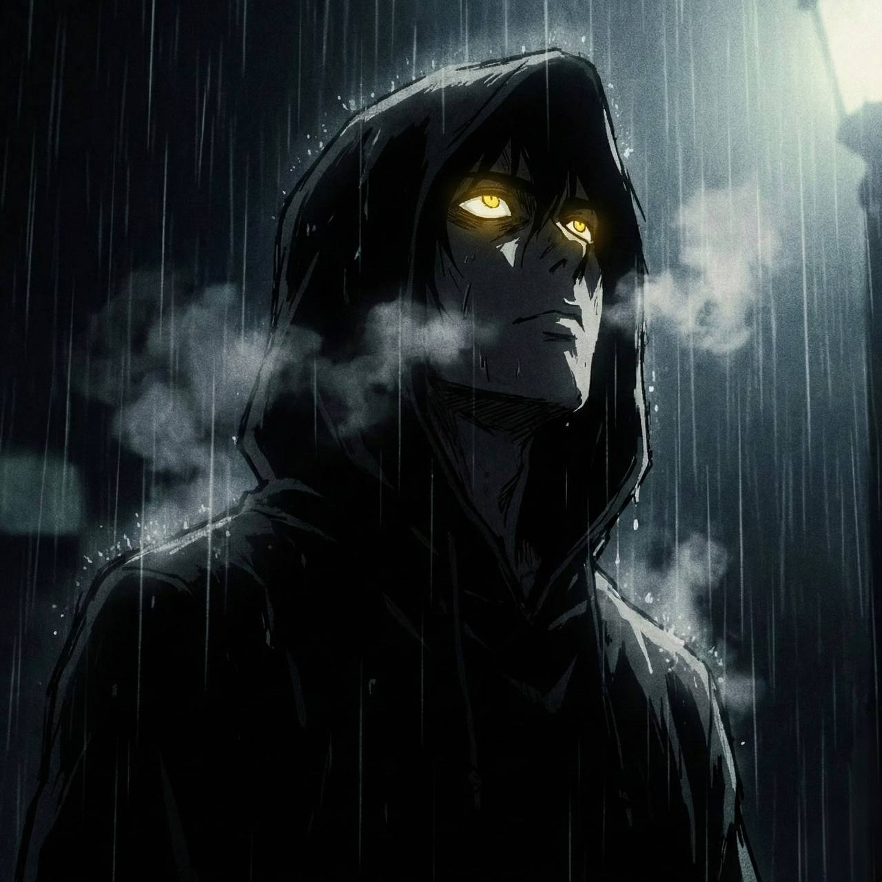 Dark hooded figure with glowing eyes in the rain