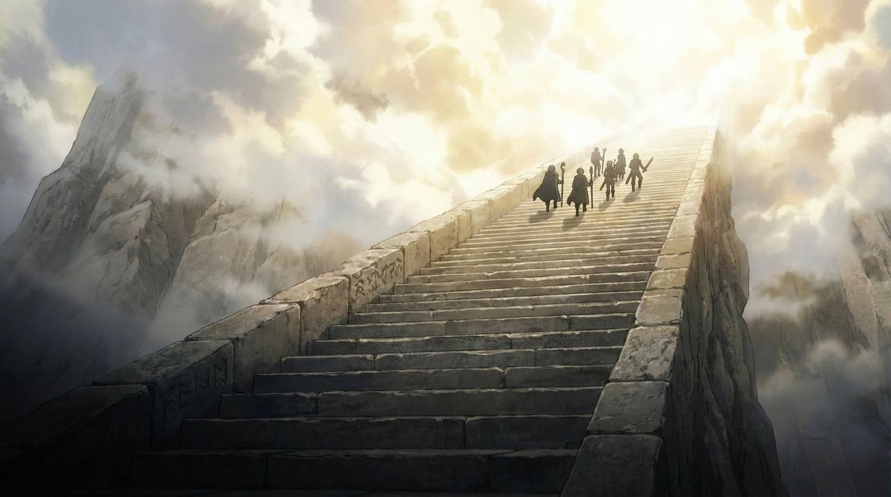Party ascending stone stairway to clouds