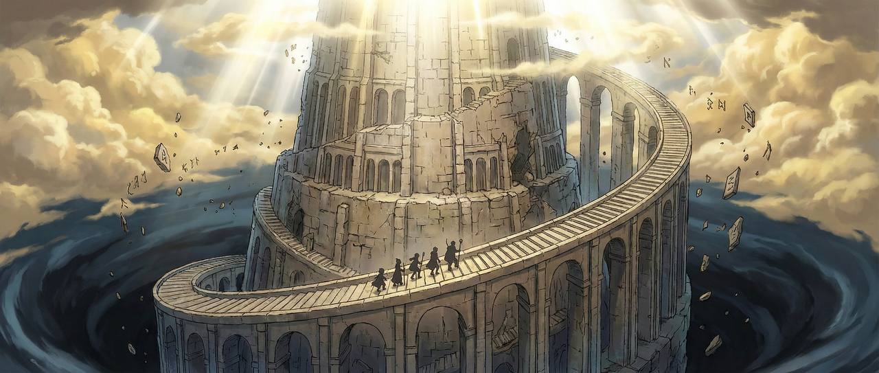 Party ascending the tower toward the light - the arc continues